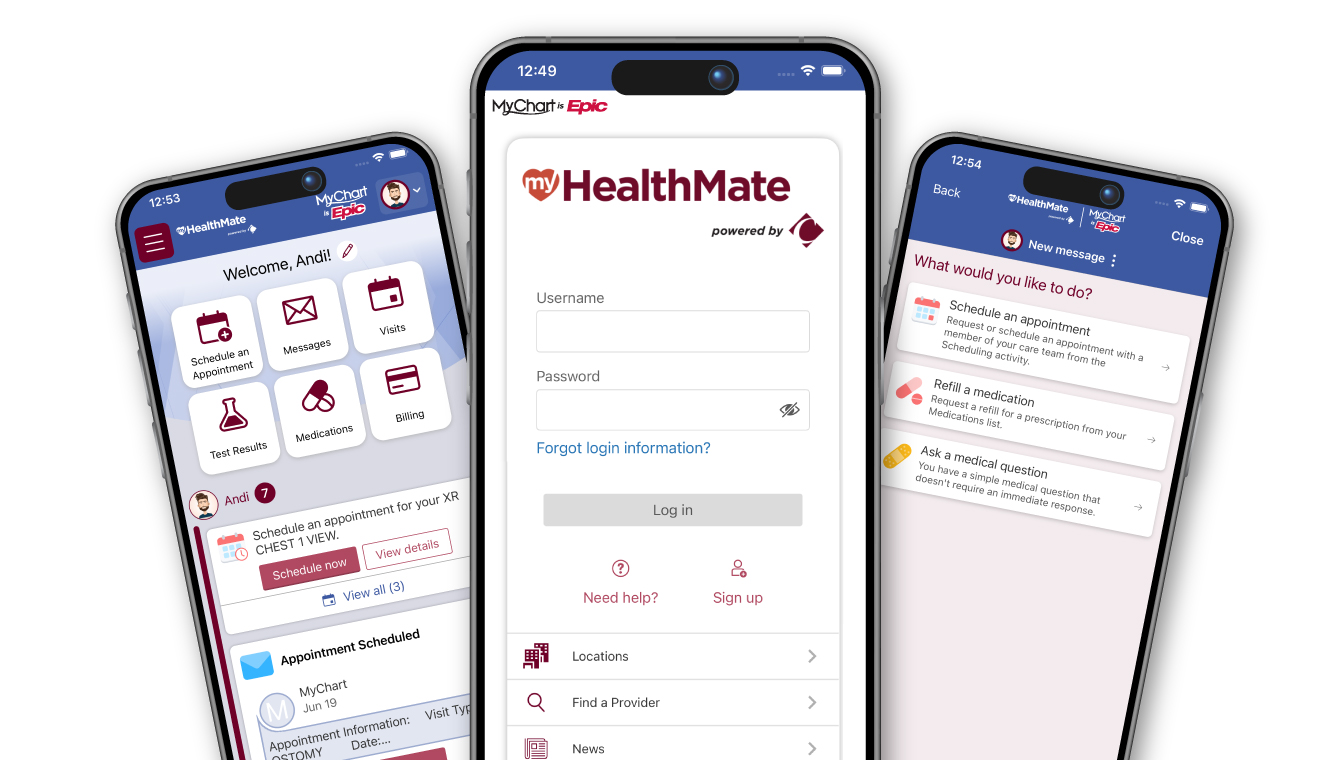 three smart phone screens show MyHealthMate webpages
