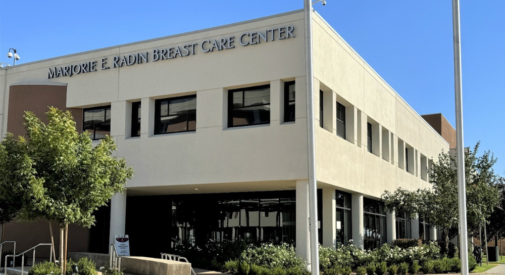 Exterior of a medical office building, two stories, with "Marjorie E. Radin Breast Center" on the side