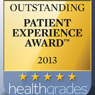 An award graphic reading "Outstanding Patient Experience Award 2013" in black type on gold background. Underneath is five gold stars and the words "healthgrades" in white and blue type.