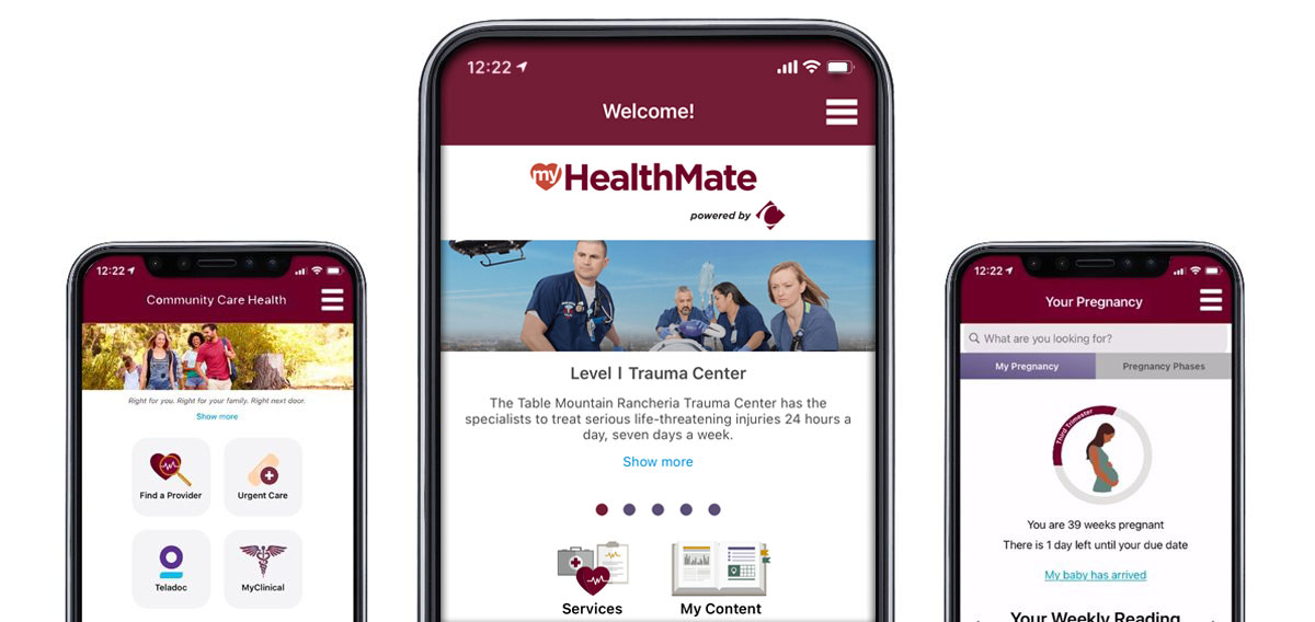 three smart phone screens show MyHealthMate webpages